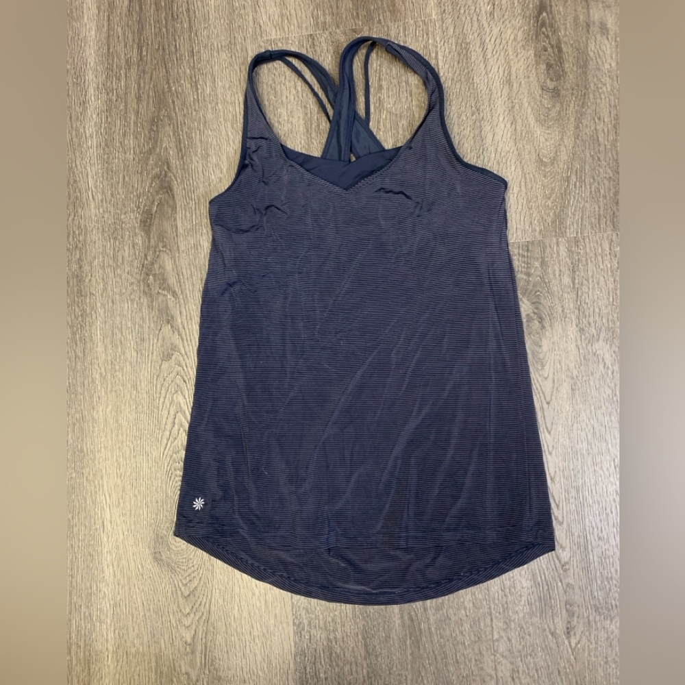 Athleta Transcendence Support Strappy Bra Tank Top in Navy Striped Size Medium